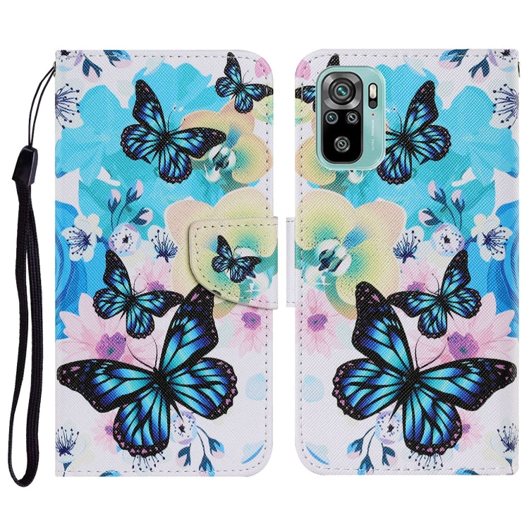 Flip PU leather phone case with lanyard, blue butterfly collage print, card slots