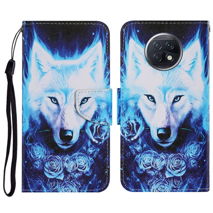 PU leather phone wallet case with blue wolf portrait print, magnetic flip and wrist strap