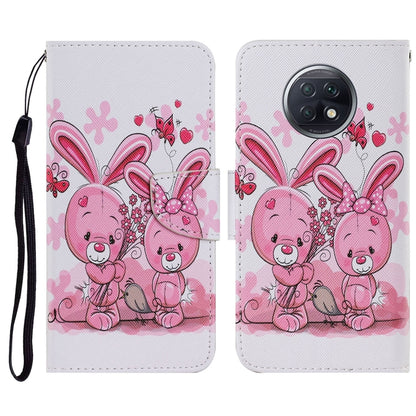 PU leather phone wallet case with cute pink rabbit print, magnetic flip and wrist strap