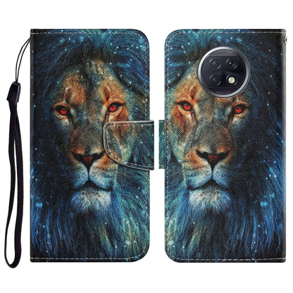PU leather phone wallet case with lion portrait print, magnetic flip and wrist strap