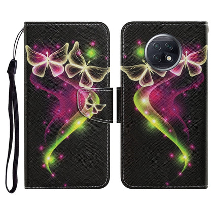 PU leather phone wallet case with neon butterfly pattern, magnetic flip and wrist strap