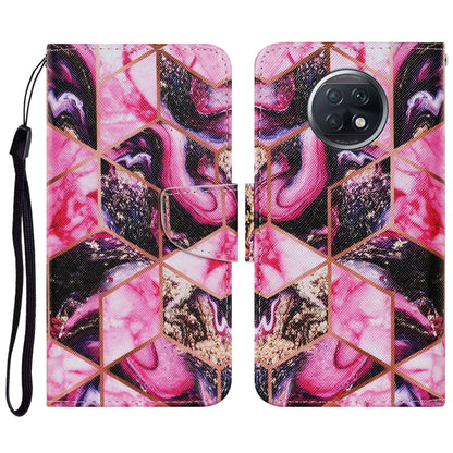 PU leather flip phone wallet case with lanyard, pink and purple abstract collage pattern
