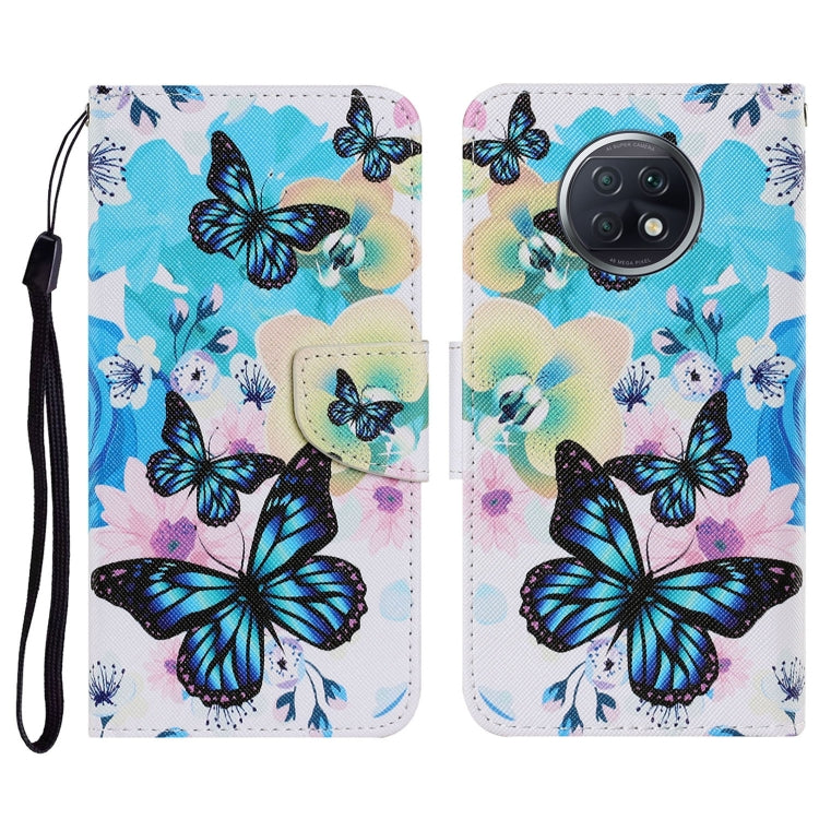 PU leather flip phone wallet case with lanyard, blue butterfly floral pattern