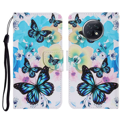 PU leather flip phone wallet case with lanyard, blue butterfly floral pattern