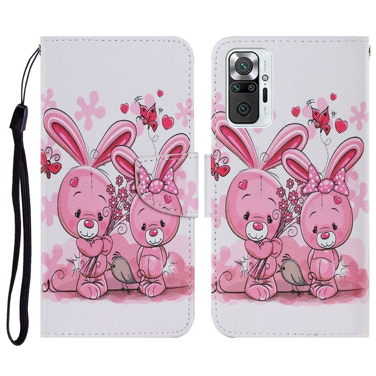 PU leather flip phone wallet case with lanyard, pink bunny illustration pattern