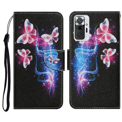 PU leather phone wallet case with horizontal flip, pink butterflies and galaxy pattern, card holder