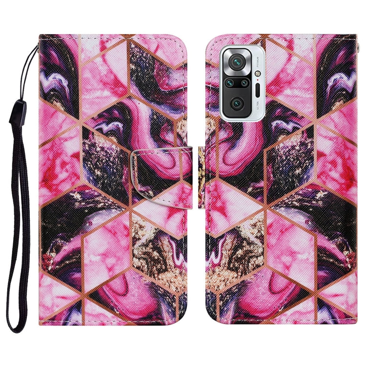 PU leather phone wallet case with horizontal flip, pink abstract collage pattern, card holder, lanyard