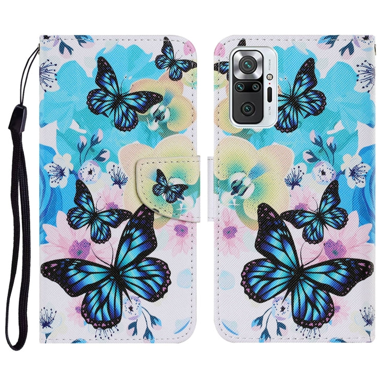 PU leather phone wallet case with horizontal flip, large blue butterfly pattern, card holder, lanyard