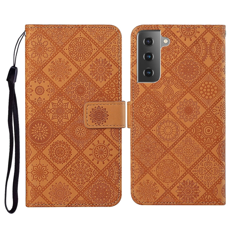 Brown embossed folio leather phone case with lanyard strap