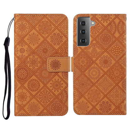 Brown embossed folio leather phone case with lanyard strap
