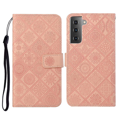 Pink embossed folio leather phone case with lanyard strap and flip cover