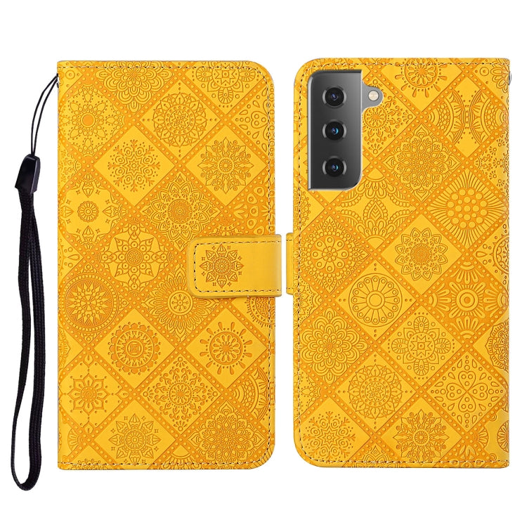Yellow embossed folio leather phone case with lanyard strap and flip cover