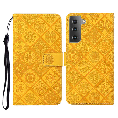 Yellow embossed folio leather phone case with lanyard strap and flip cover