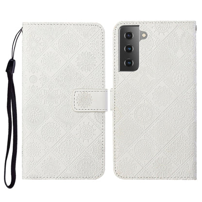 White embossed flip leather phone case with lanyard, card slot and wallet flap
