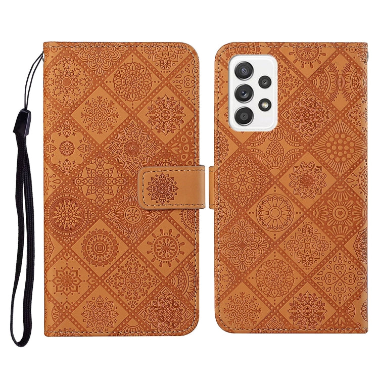 Brown-orange embossed flip leather phone case with lanyard and wallet card slot