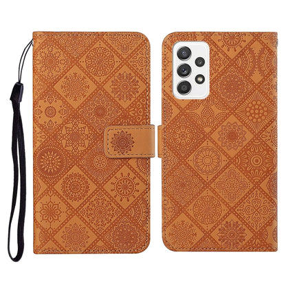 Brown-orange embossed flip leather phone case with lanyard and wallet card slot