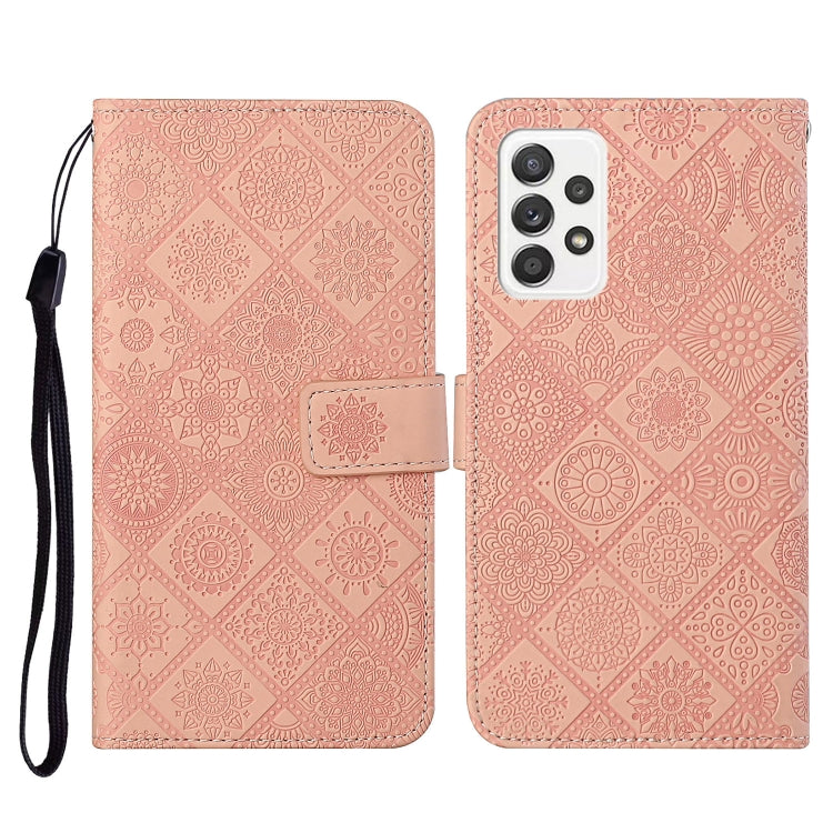 Pink embossed flip leather phone case with lanyard, card slot and wallet flap