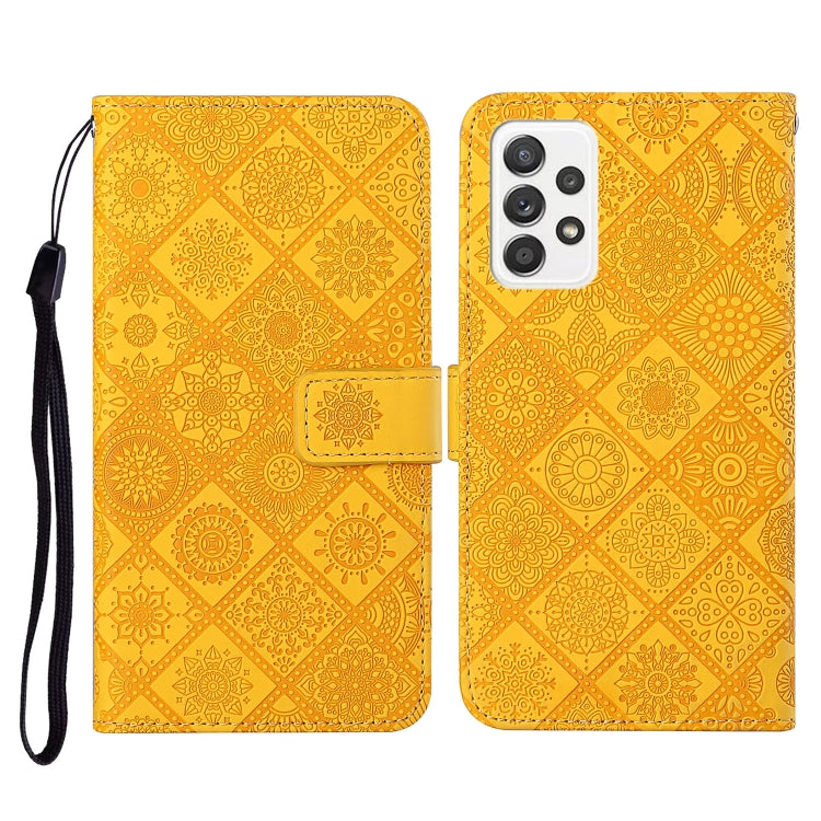 Yellow embossed flip leather phone case with lanyard, card slot and wallet flap