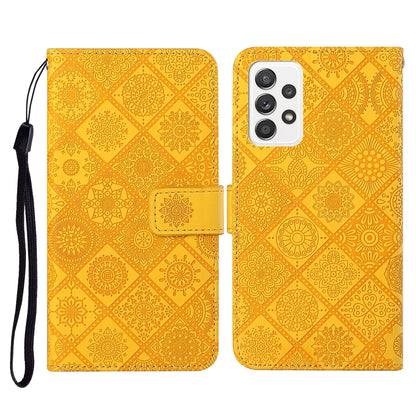 Yellow embossed flip leather phone case with lanyard, card slot and wallet flap
