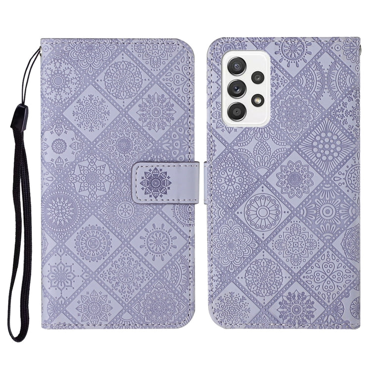 Lavender embossed flip leather phone case with lanyard, card slot and wallet flap
