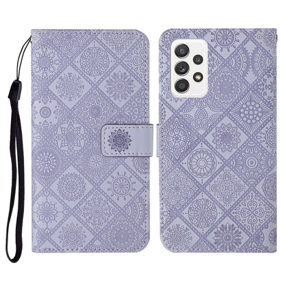 Lavender embossed flip leather phone case with lanyard, card slot and wallet flap