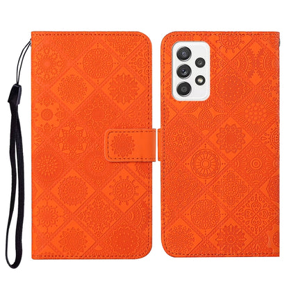 Orange embossed flip leather phone case with lanyard and card slot wallet flap