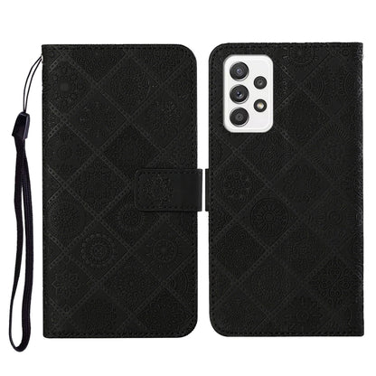 Black embossed flip leather phone case with lanyard and card slot wallet flap