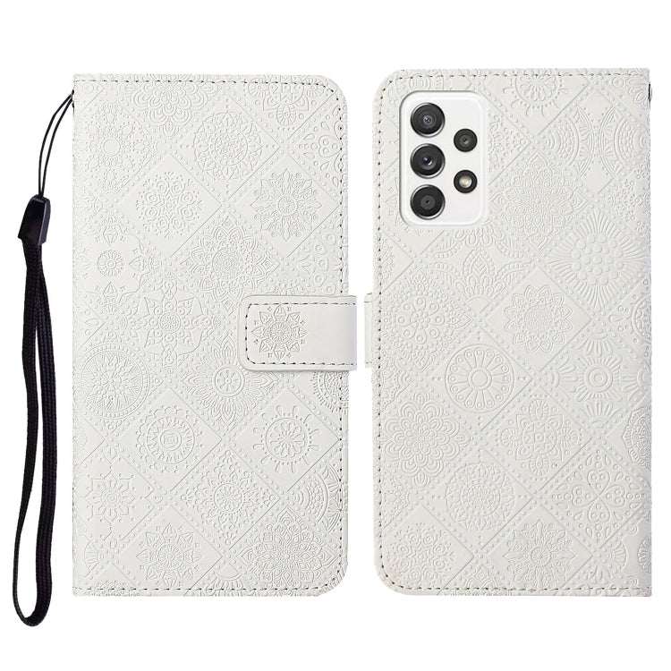 White embossed flip leather phone case with lanyard and card slot wallet flap