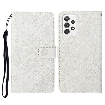 White embossed flip leather phone case with lanyard and card slot wallet flap