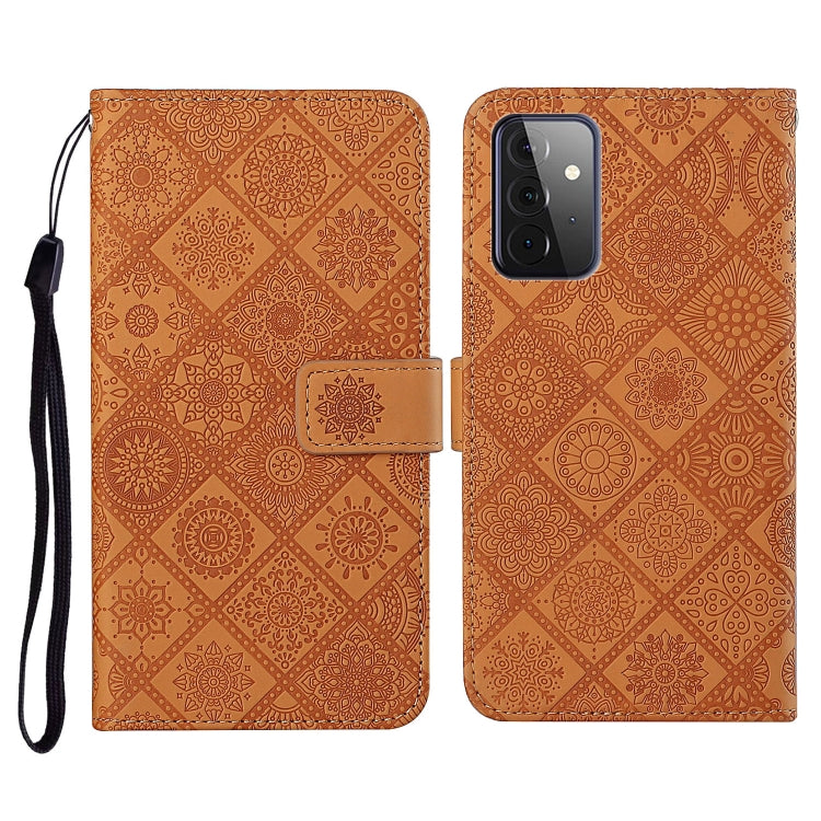 Brown embossed folio wallet case with card slot and wrist strap for phone