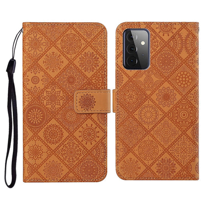 Brown embossed folio wallet case with card slot and wrist strap for phone