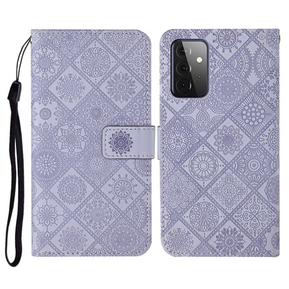 Purple embossed folio wallet case with card slot and wrist strap for phone