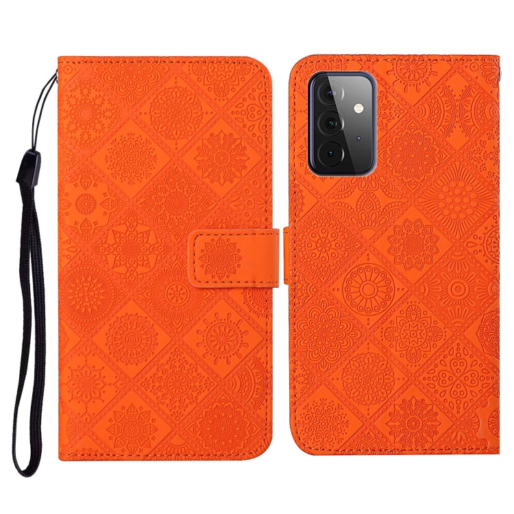 Orange embossed folio wallet case with card slot and wrist strap for phone