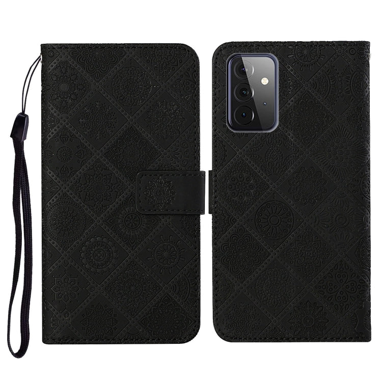 Black embossed folio wallet case with card slot and wrist strap for phone