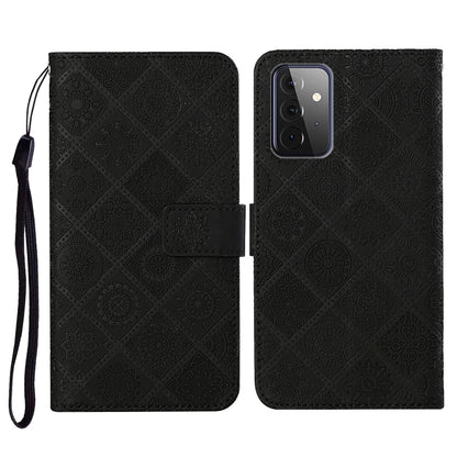 Black embossed folio wallet case with card slot and wrist strap for phone