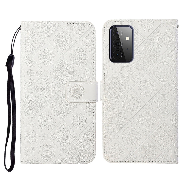 White embossed folio wallet case with card slot and wrist strap for phone