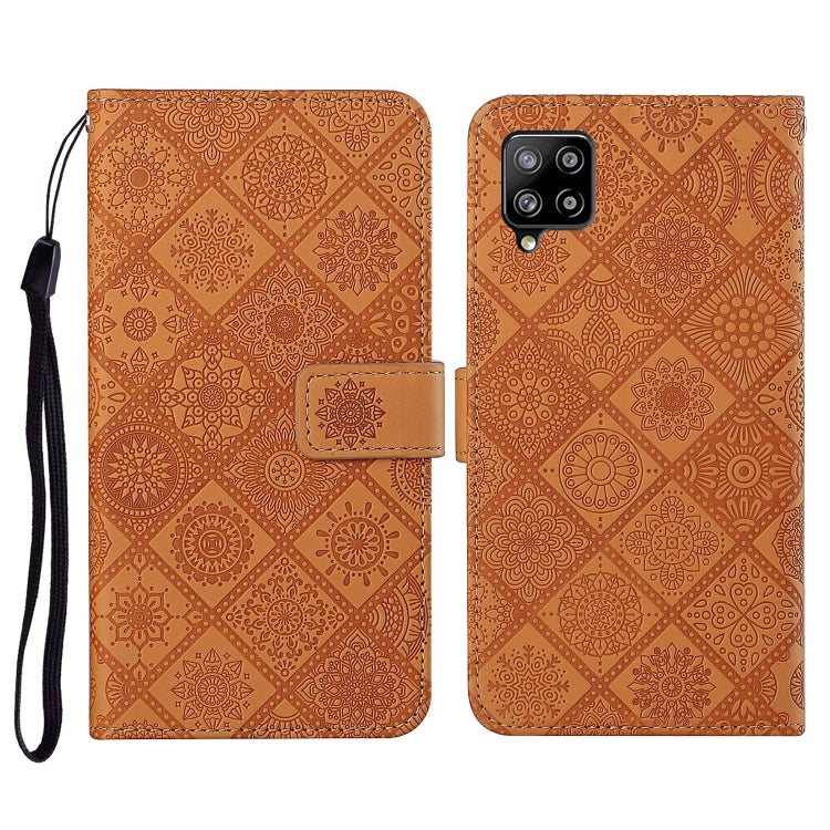 Embossed leather flip phone case with card slots, lanyard strap; tan/orange pattern, phone cutout
