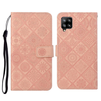 Embossed leather flip phone case with card slots, lanyard strap; pink pattern, phone cutout