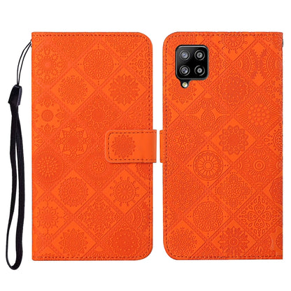 Orange embossed folio wallet case with card slot and wrist strap for phone