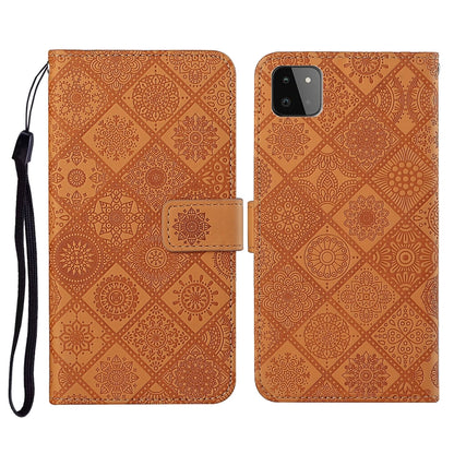 Embossed leather flip phone case with card slots, lanyard strap; tan/orange patterned, phone cutout