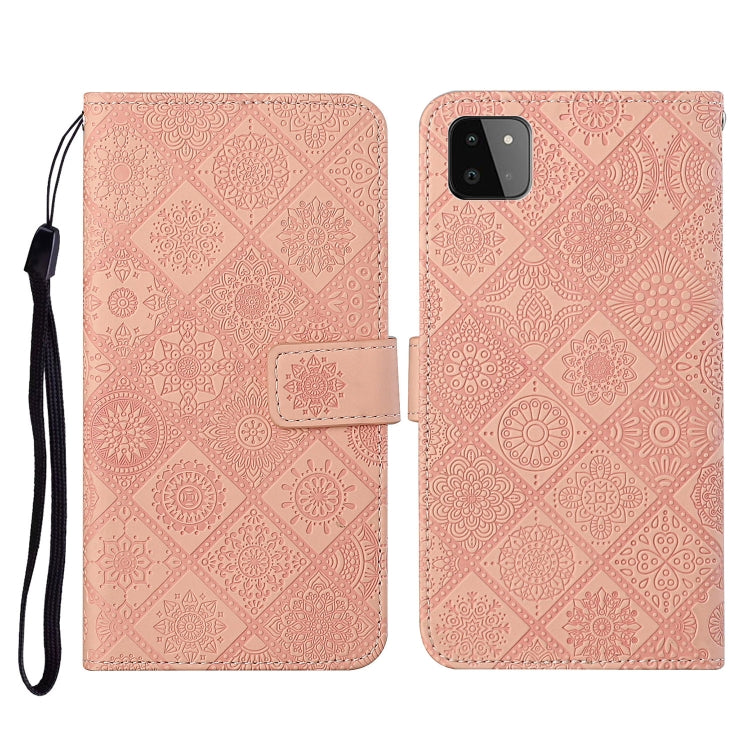 Blush pink embossed leather flip phone wallet case with card slots and lanyard strap