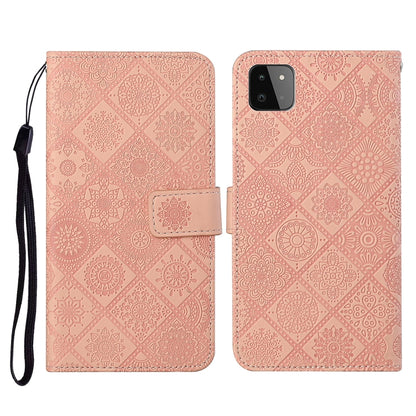 Blush pink embossed leather flip phone wallet case with card slots and lanyard strap