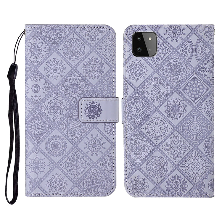 Embossed leather flip phone case with card slots, lanyard strap; purple pattern, phone cutout