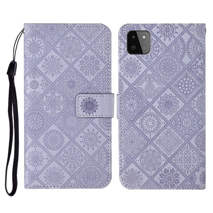 Embossed leather flip phone case with card slots, lanyard strap; purple pattern, phone cutout
