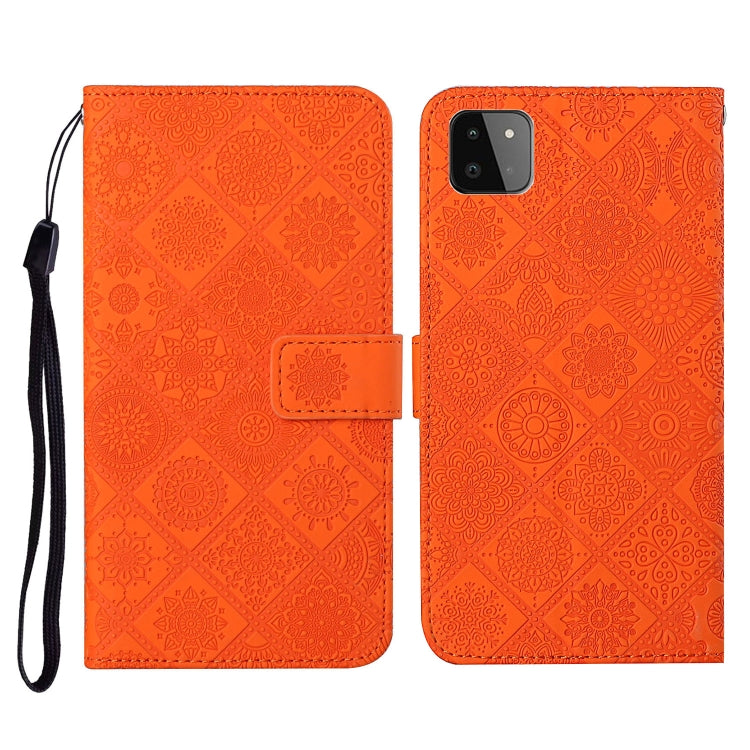 Embossed leather flip phone case with card slots, lanyard strap; orange pattern, phone cutout