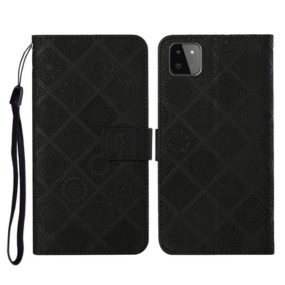 Embossed leather flip phone case with card slots, lanyard strap; dark black pattern, phone cutout