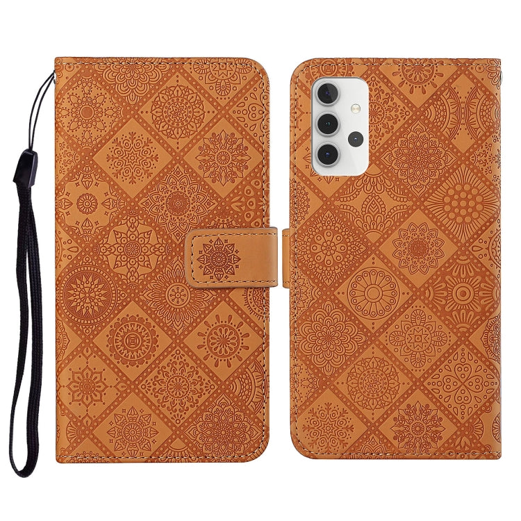 Brown embossed leather flip phone wallet case with card slots and lanyard strap