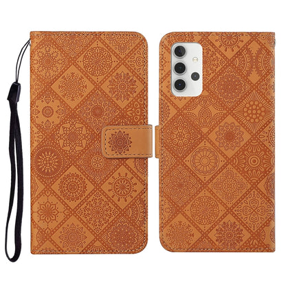 Brown embossed leather flip phone wallet case with card slots and lanyard strap