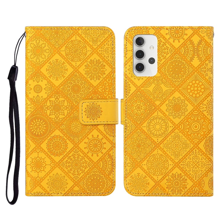 Yellow embossed leather flip phone wallet case with card slots and lanyard strap