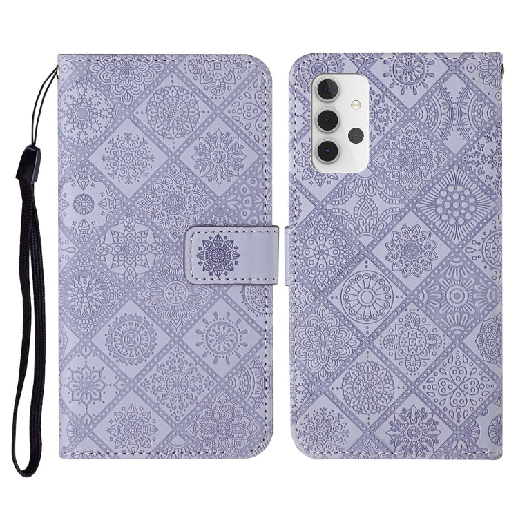 Lavender embossed leather flip phone wallet case with card slots and lanyard strap